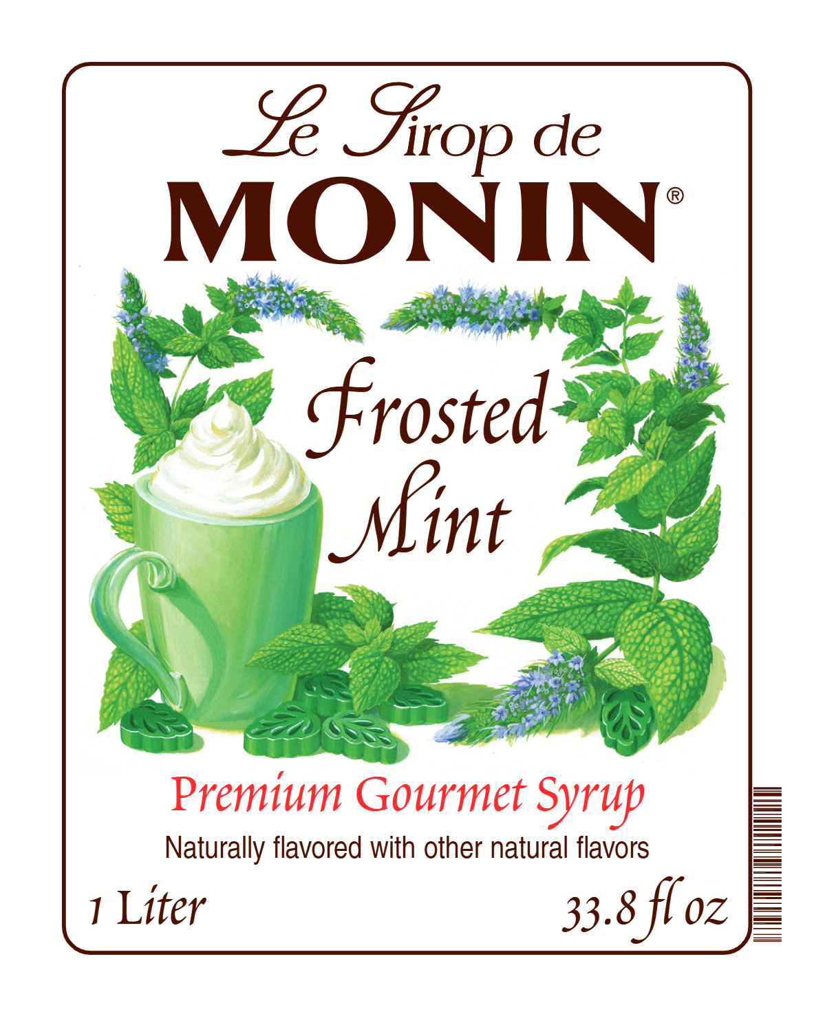 Front label of 1L Monin Frosted Mint Syrup, featuring the brand name and flavour, placed against a white background