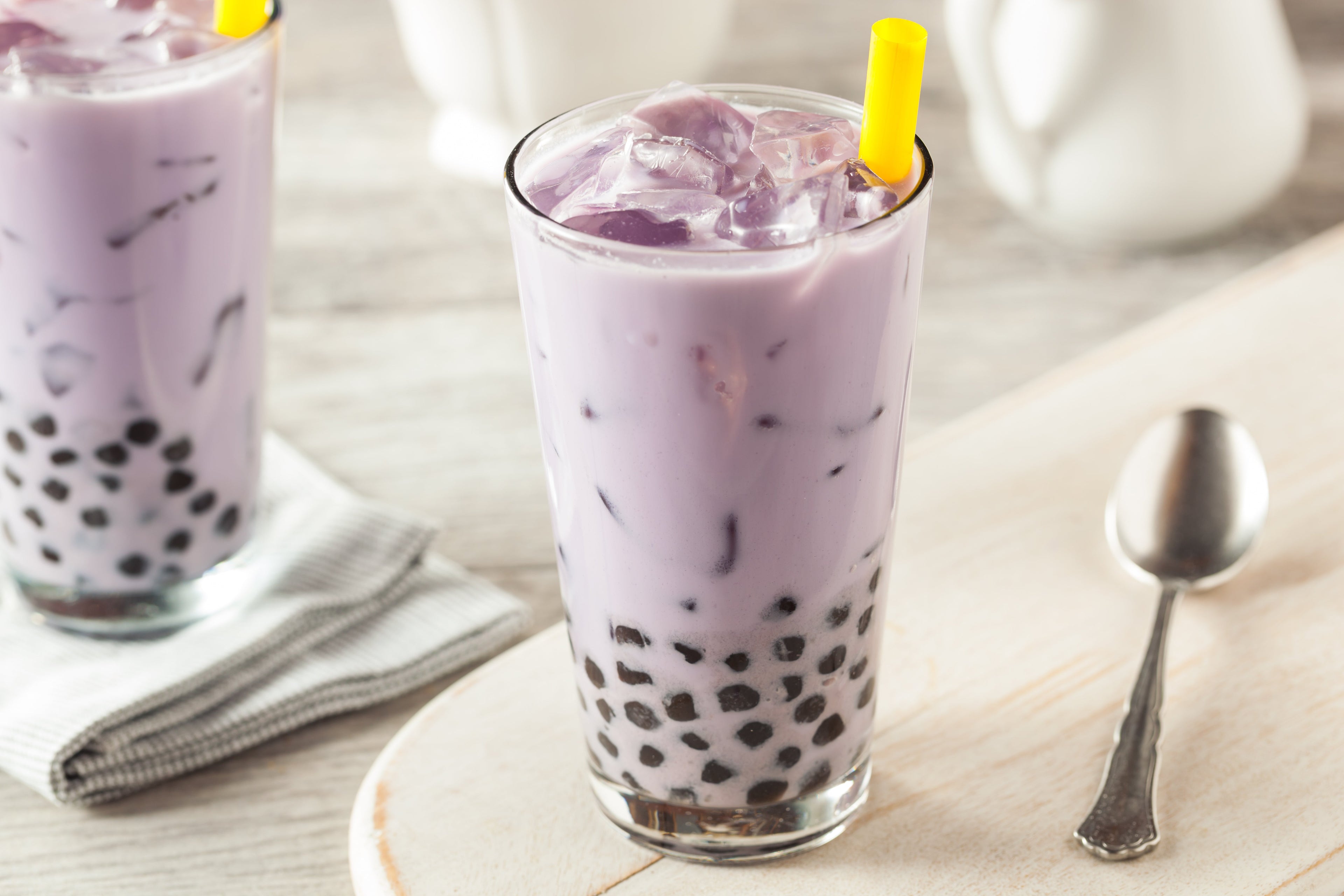 Homemade Taro Milk Bubble Tea with Tapioca Pearls