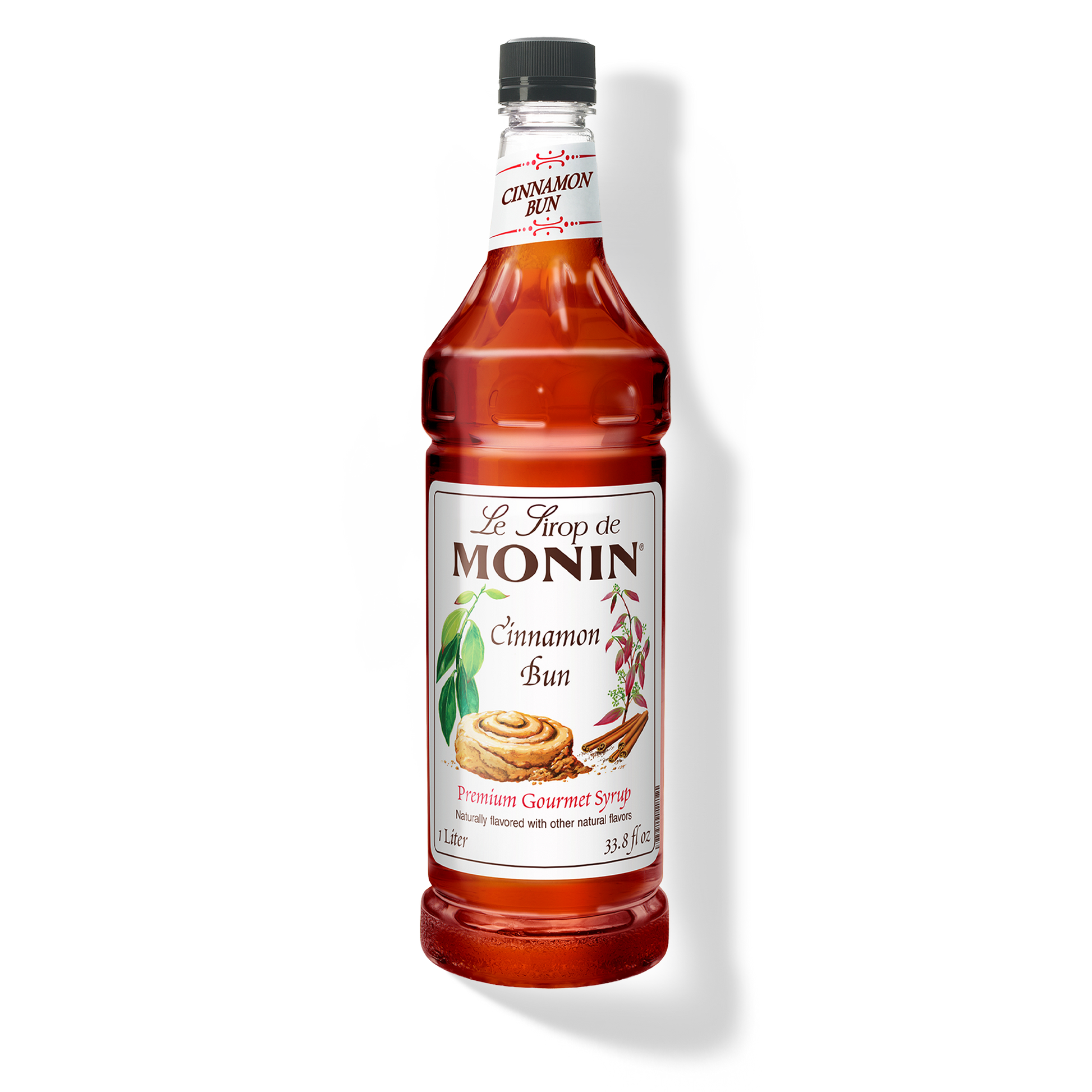Monin Cinnamon Bun syrup bottle on a white background
