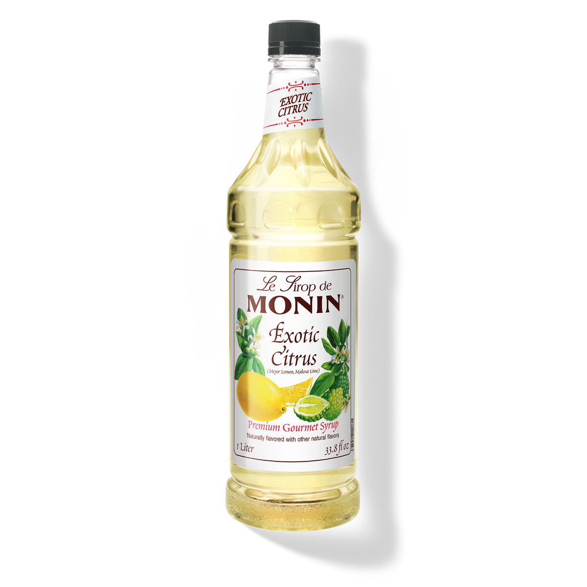 A bottle of Monin Exotic Citrus Syrup with a label showing the brand name and the flavor, placed against a white background.
