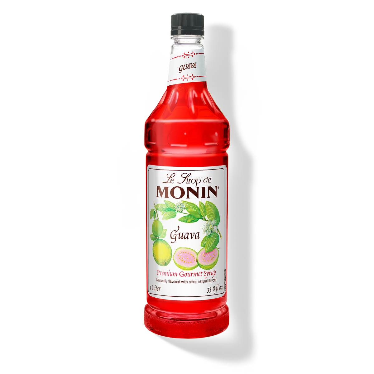 A bottle of Monin Guava Syrup with a label showing the brand name and the flavor, placed against a white background.