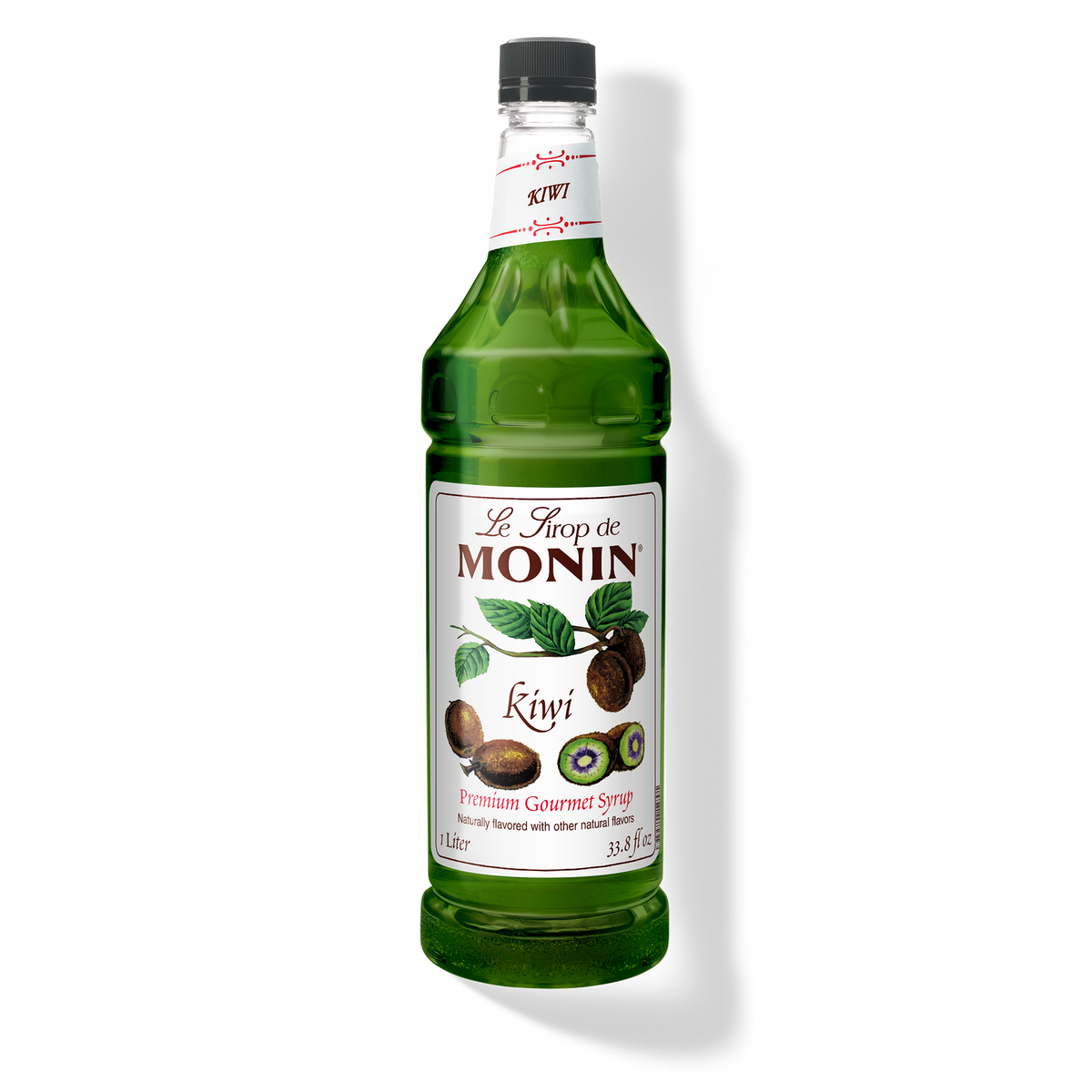 A bottle of Monin Kiwi Syrup with a label showing the brand name and the flavor, placed against a white background.