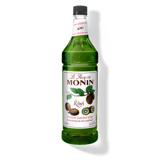 A bottle of Monin Kiwi Syrup with a label showing the brand name and the flavor, placed against a white background.