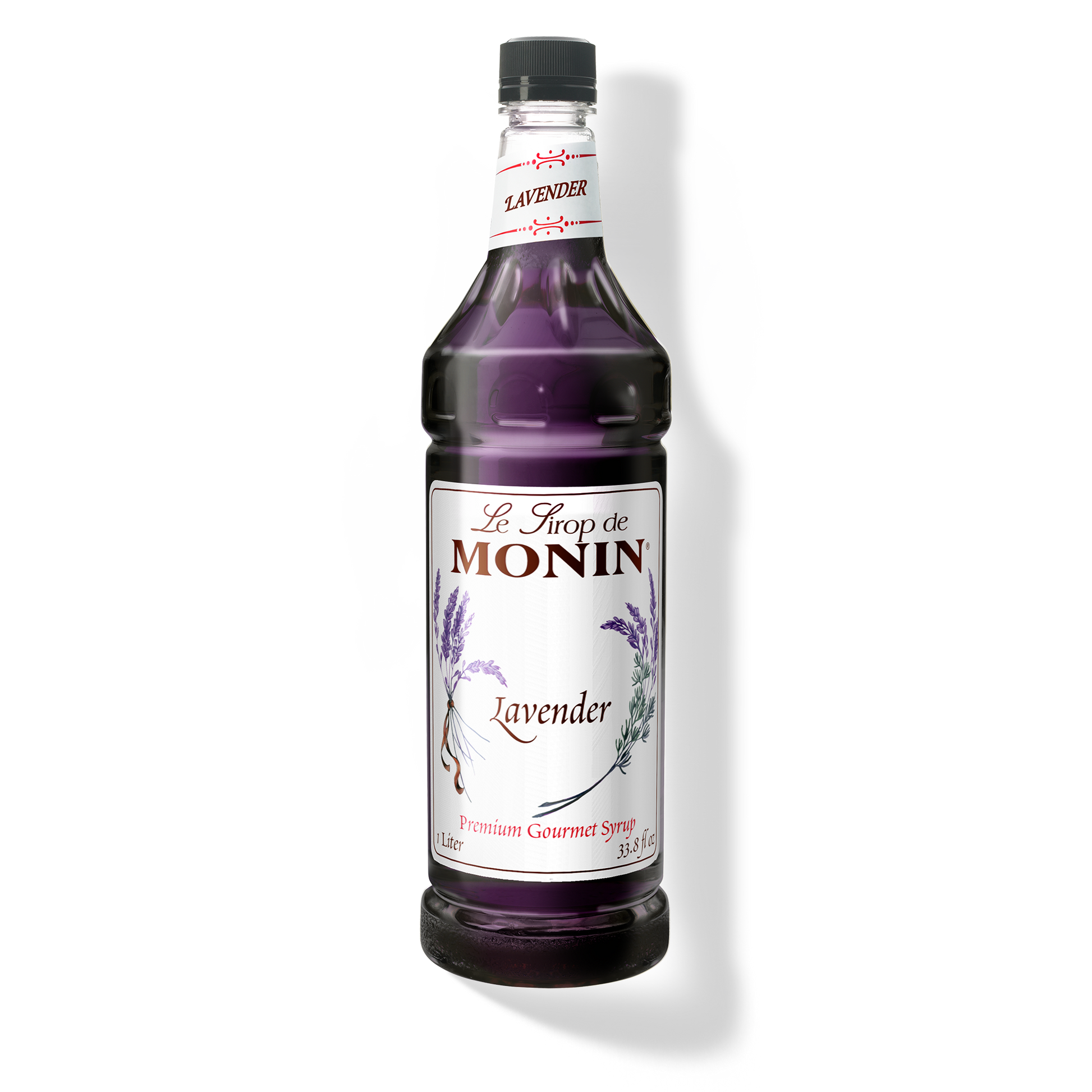 A 1L-bottle of Monin Lavender Syrup with a label showing the brand name and the flavor, placed against a white background.