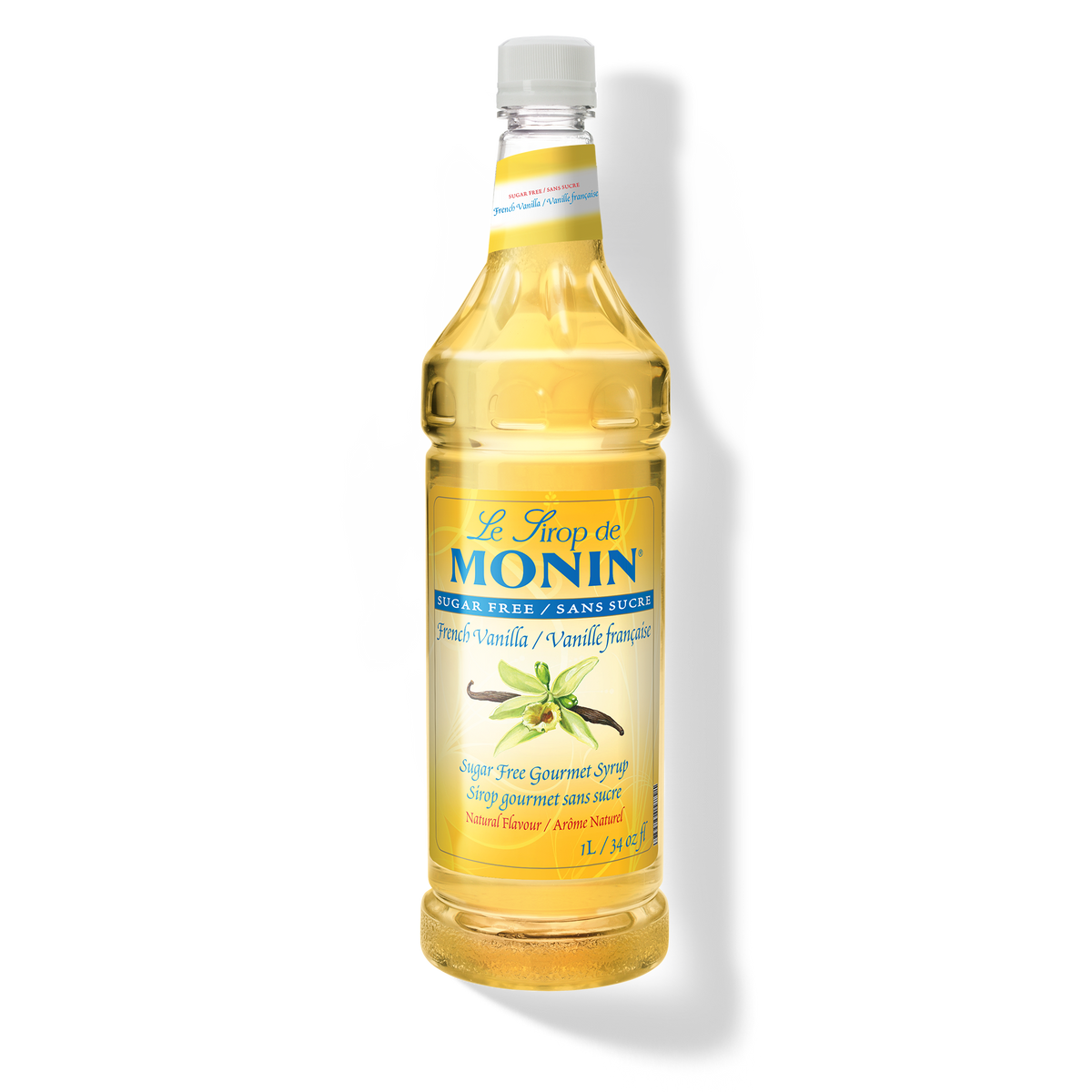 A bottle of Monin Sugar Free French Vanilla Syrup.