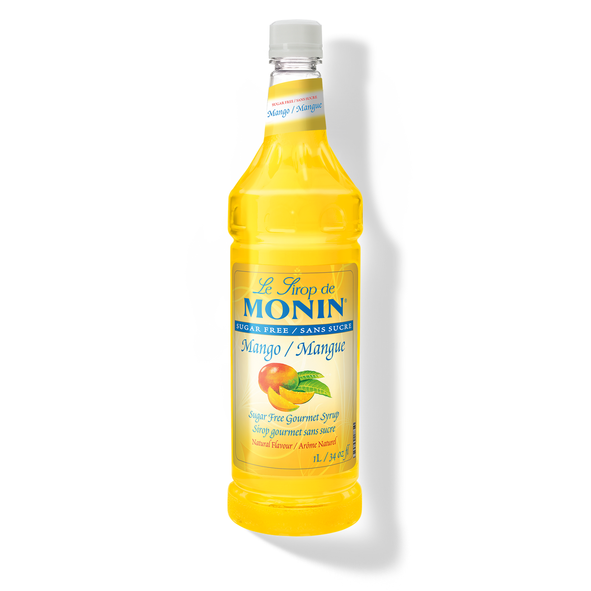 A bottle of Monin Sugar Free Mango Syrup, with a yellow label displaying the product name and mango imagery.