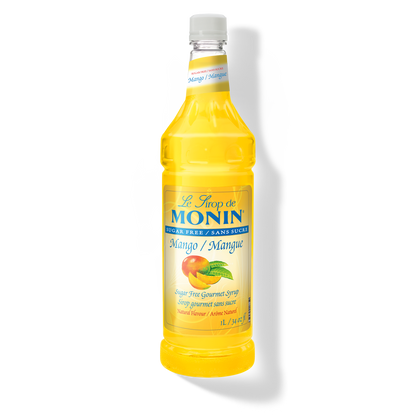A bottle of Monin Sugar Free Mango Syrup, with a yellow label displaying the product name and mango imagery.