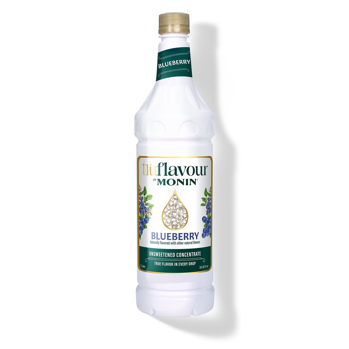 Monin Blueberry syrup bottle on a white background