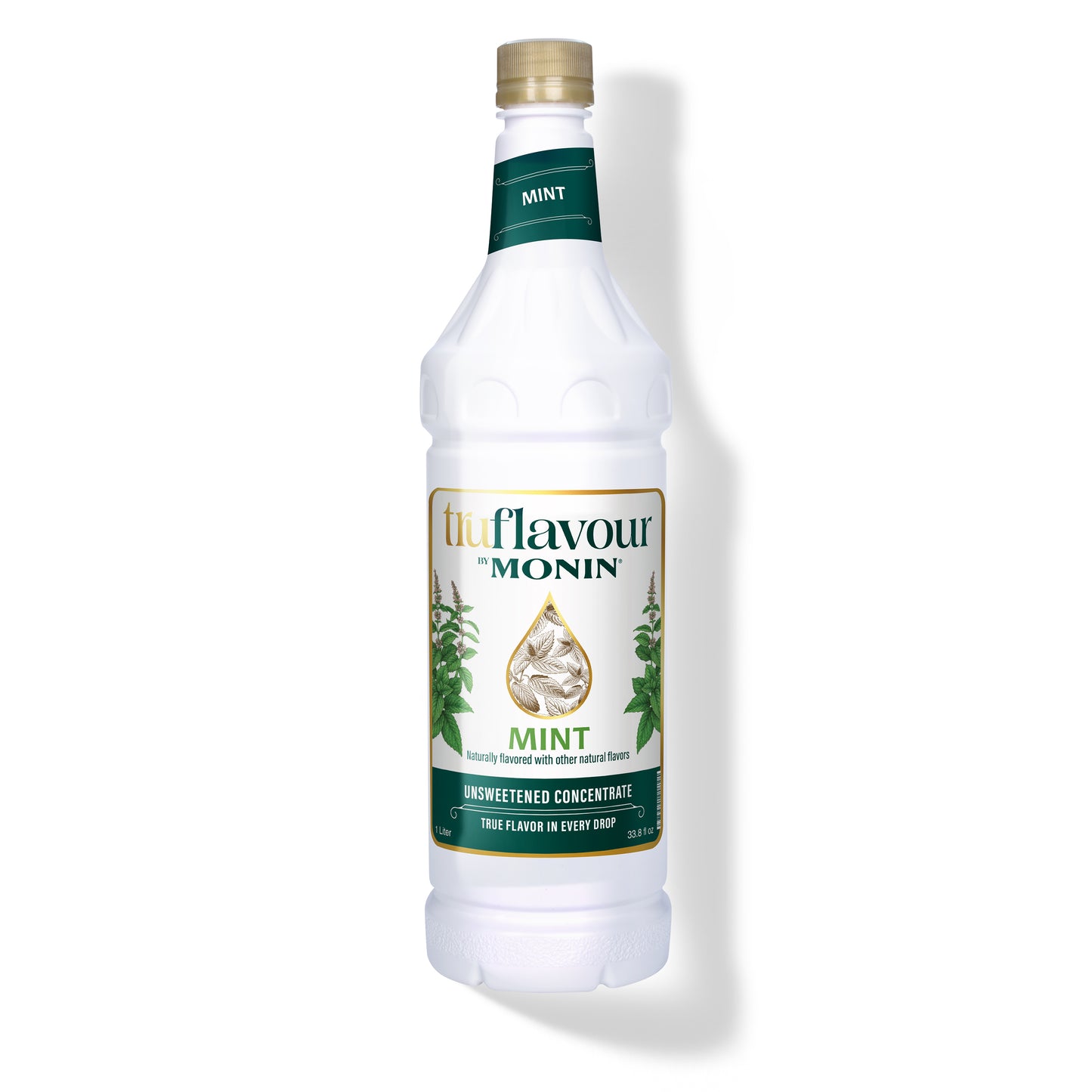 Monin Mint syrup bottle on a white background