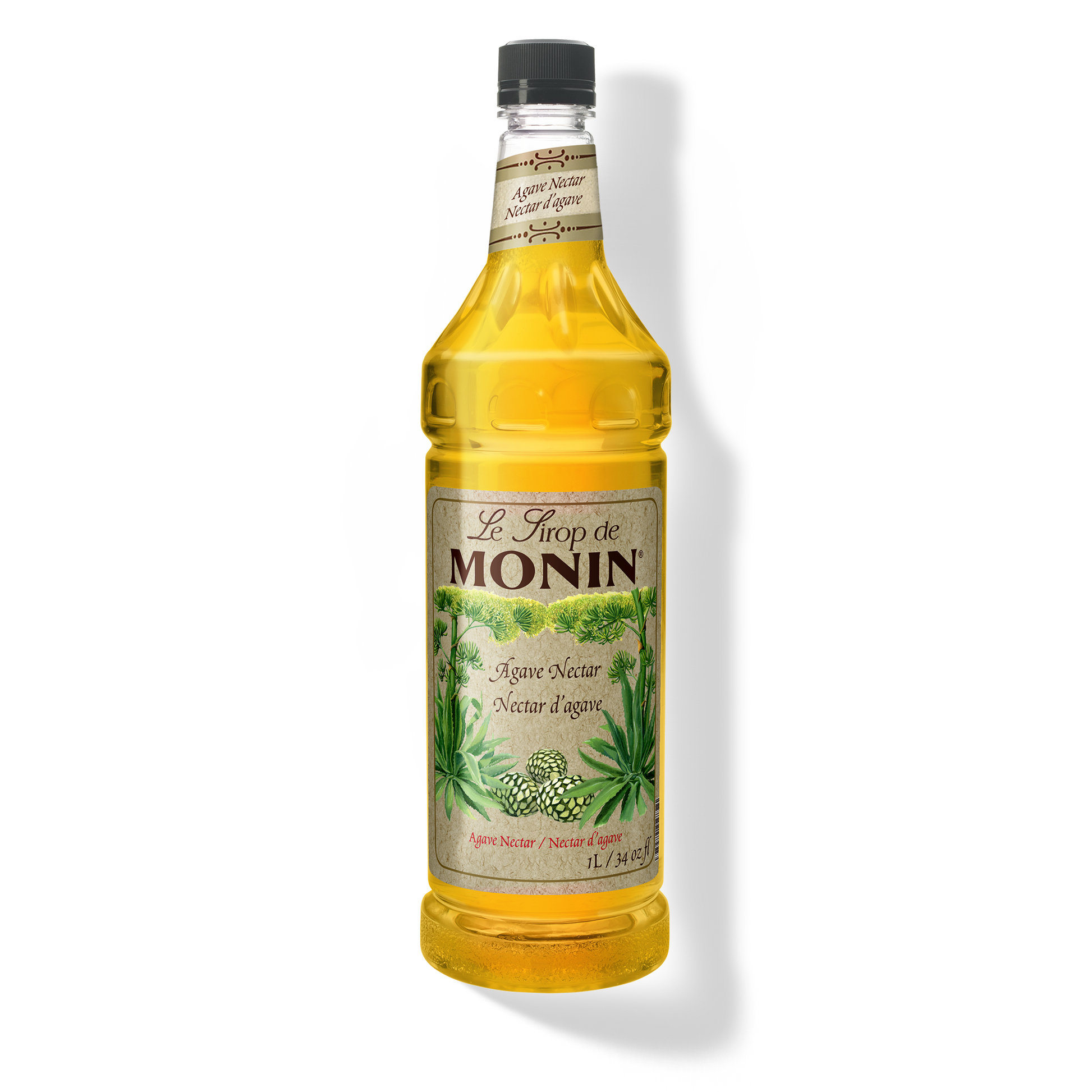 A bottle of Monin Organic Agave Natural Syrup filled with golden yellow liquid, featuring a cream-colored label with green agave plant illustrations and a black cap.