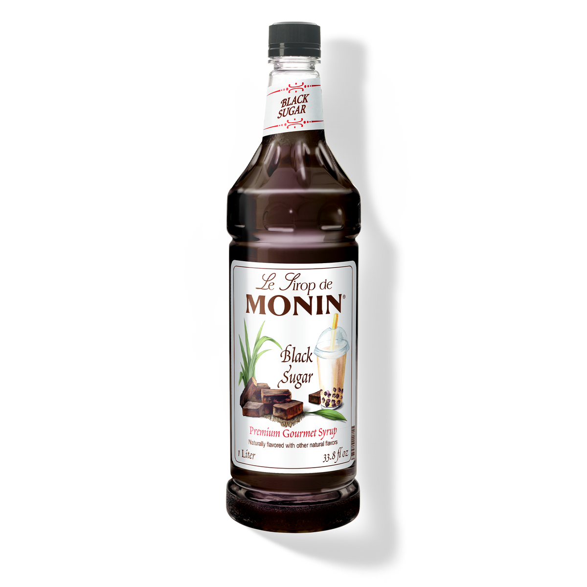 A bottle of Monin Black Sugar Syrup, with a label showing the brand name and the syrup's name.