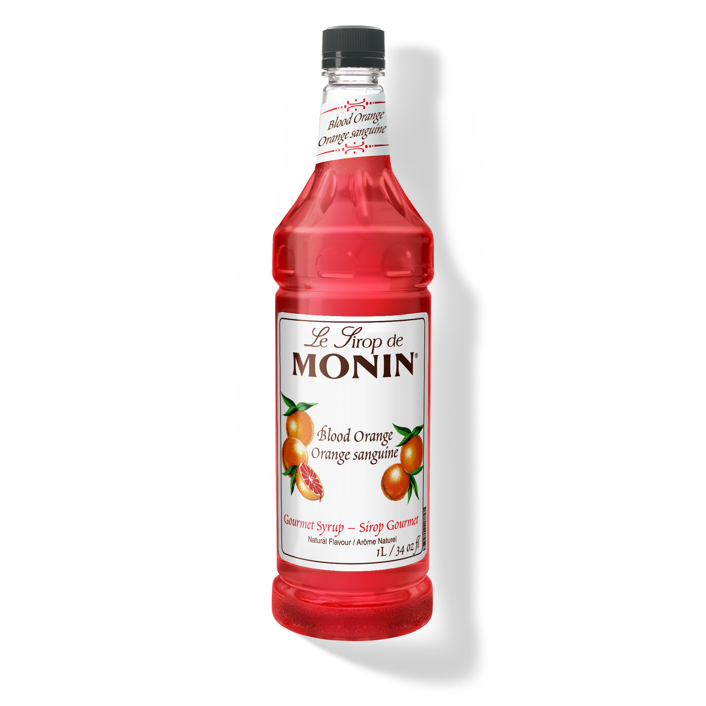 A bottle of Monin Blood Orange Syrup with a label showing an image of a blood orange. The bottle is transparent, showing the bright red syrup inside.