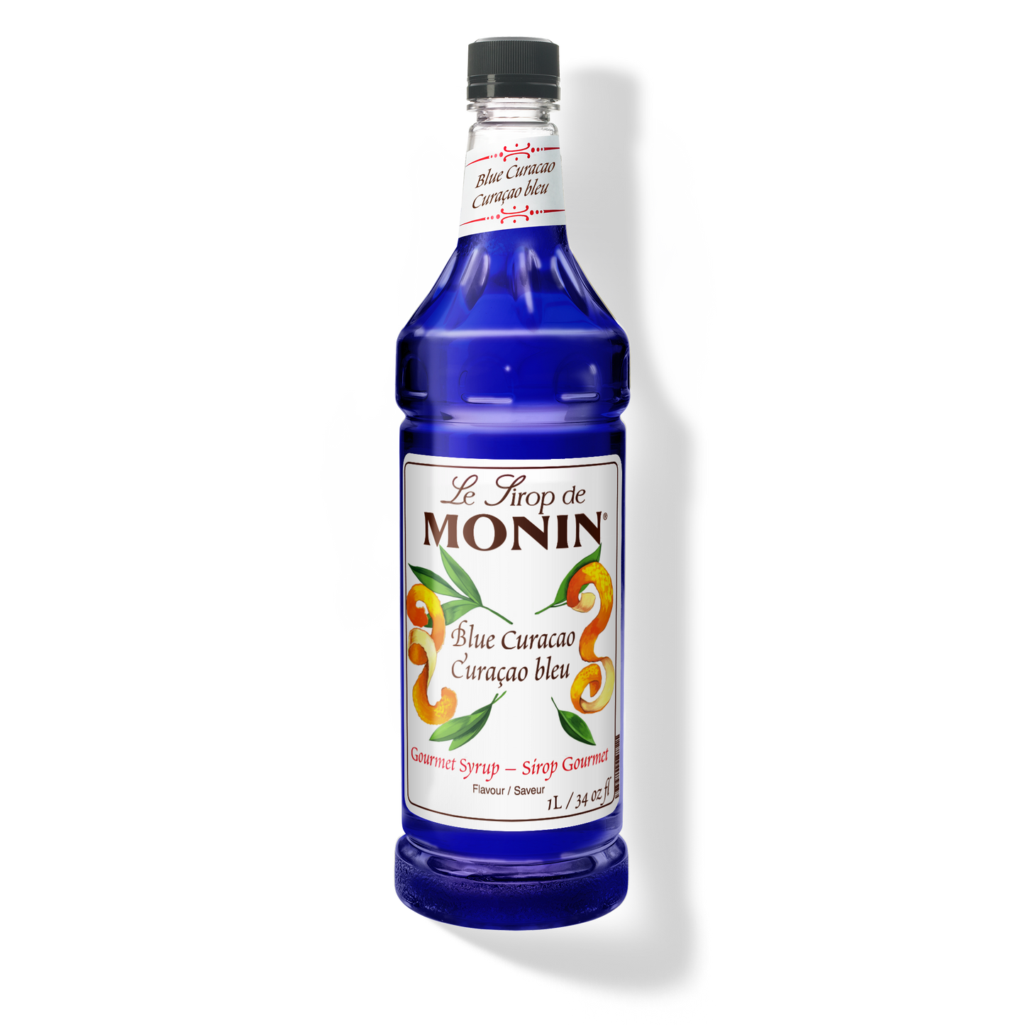 A bottle of Monin Blue Curacao syrup, featuring a vibrant blue color.