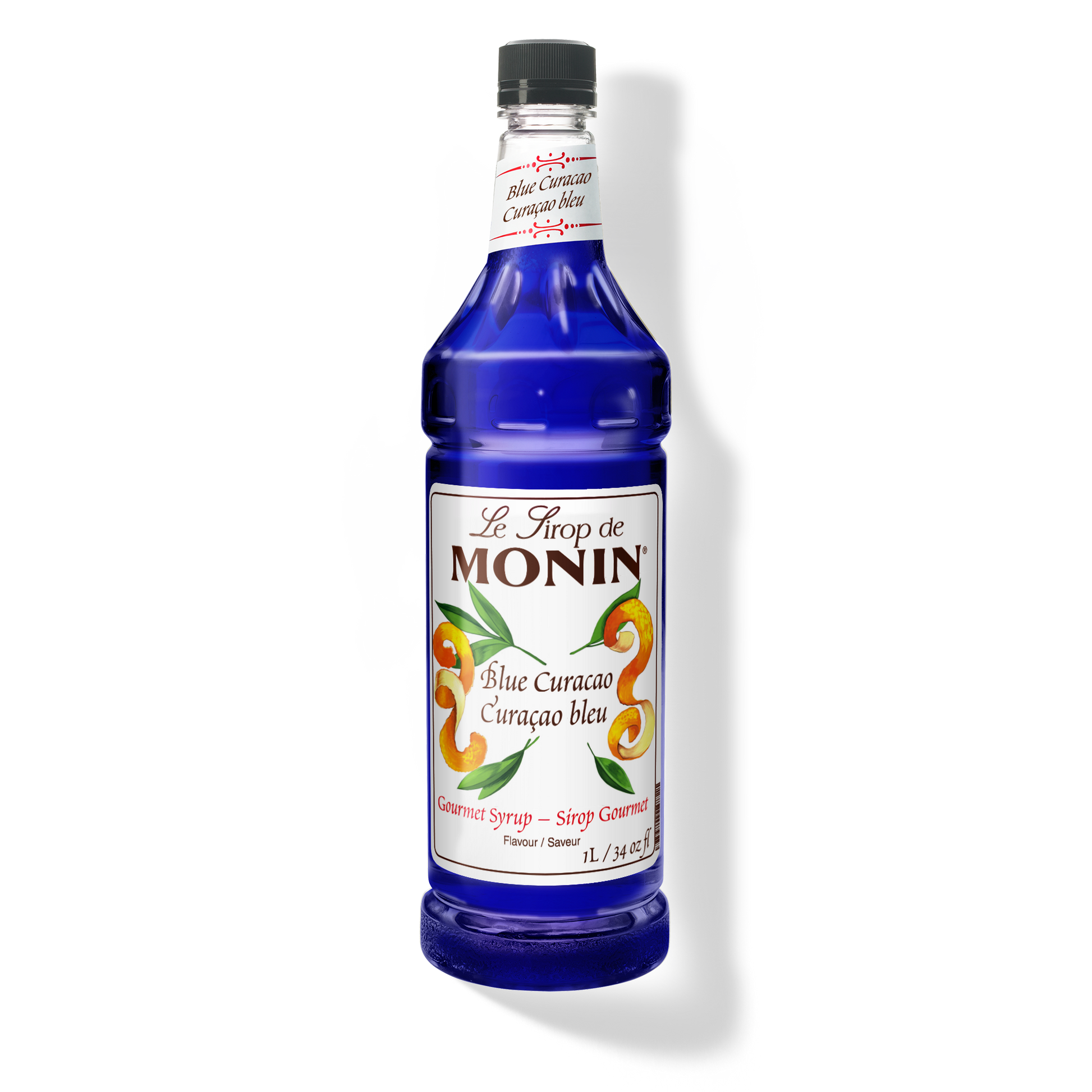 A bottle of Monin Blue Curacao syrup, featuring a vibrant blue color.