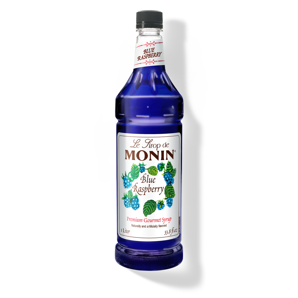 A bottle of Monin Blue Raspberry Syrup with a label showing the brand name and the flavor, placed against a white background.