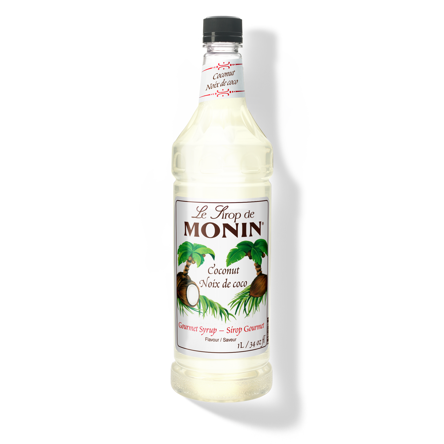 A bottle of Monin Coconut Syrup (Noéx de coco) with a black cap, featuring a white label with green palm leaves and coconuts.