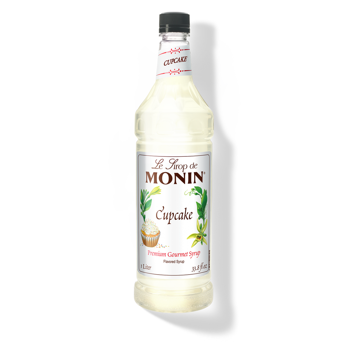 Monin Cupcake Syrup 1 L bottle with vanilla cake and frosting flavour label