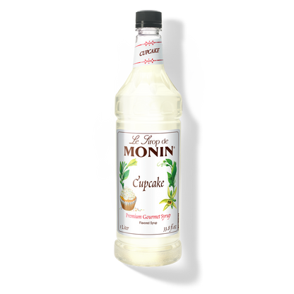 Monin Cupcake Syrup 1 L bottle with vanilla cake and frosting flavour label