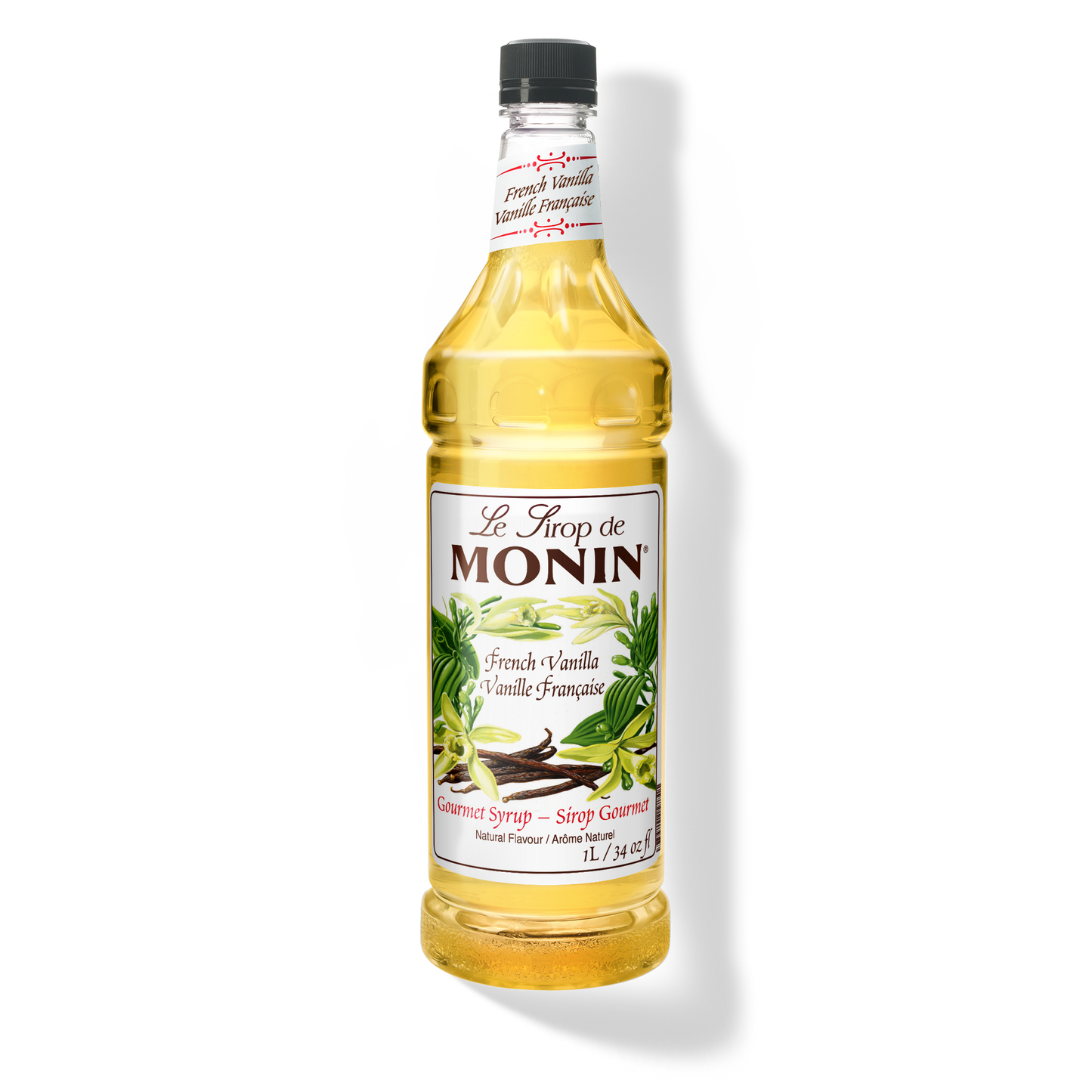 A 1L-bottle of Monin French Vanilla Syrup with a label showing the brand name and the flavor, placed against a white background.