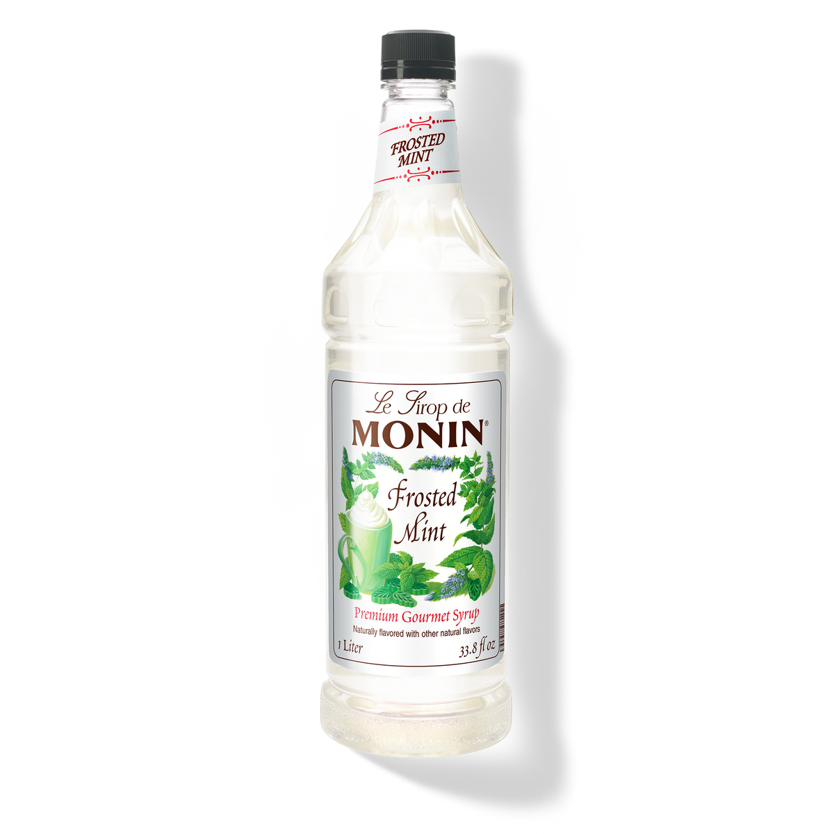 A 1L bottle of Monin Frosted Mint Syrup with a label showing the brand name and the flavor, placed against a white background.

