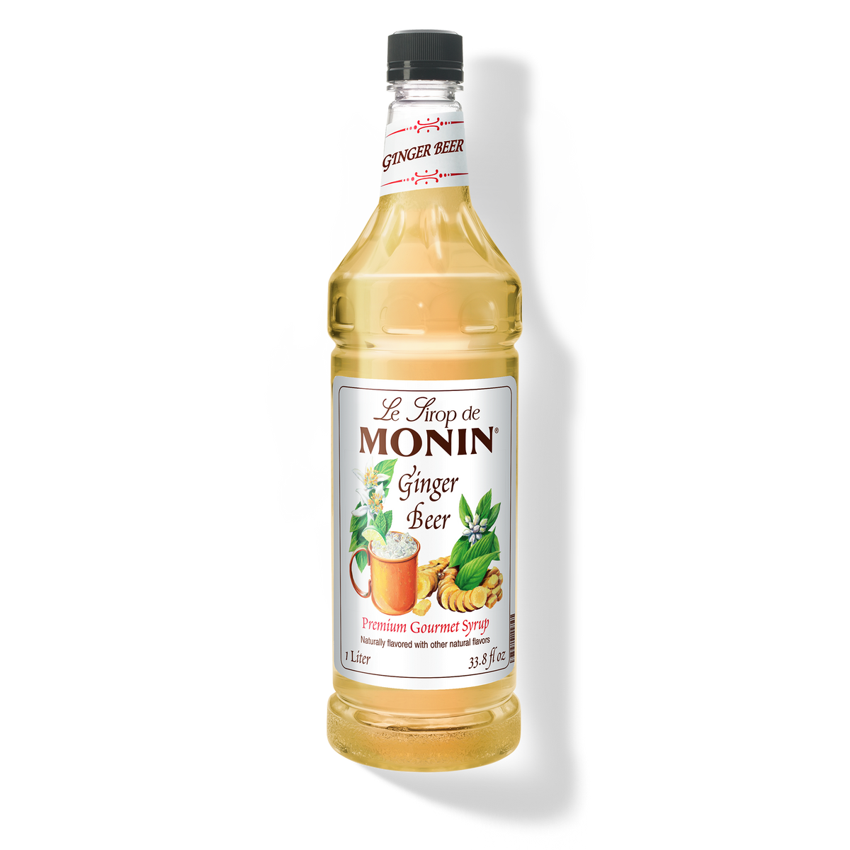 A bottle of Monin Ginger Beer Syrup with a label showing the brand name and the flavor, placed against a white background.