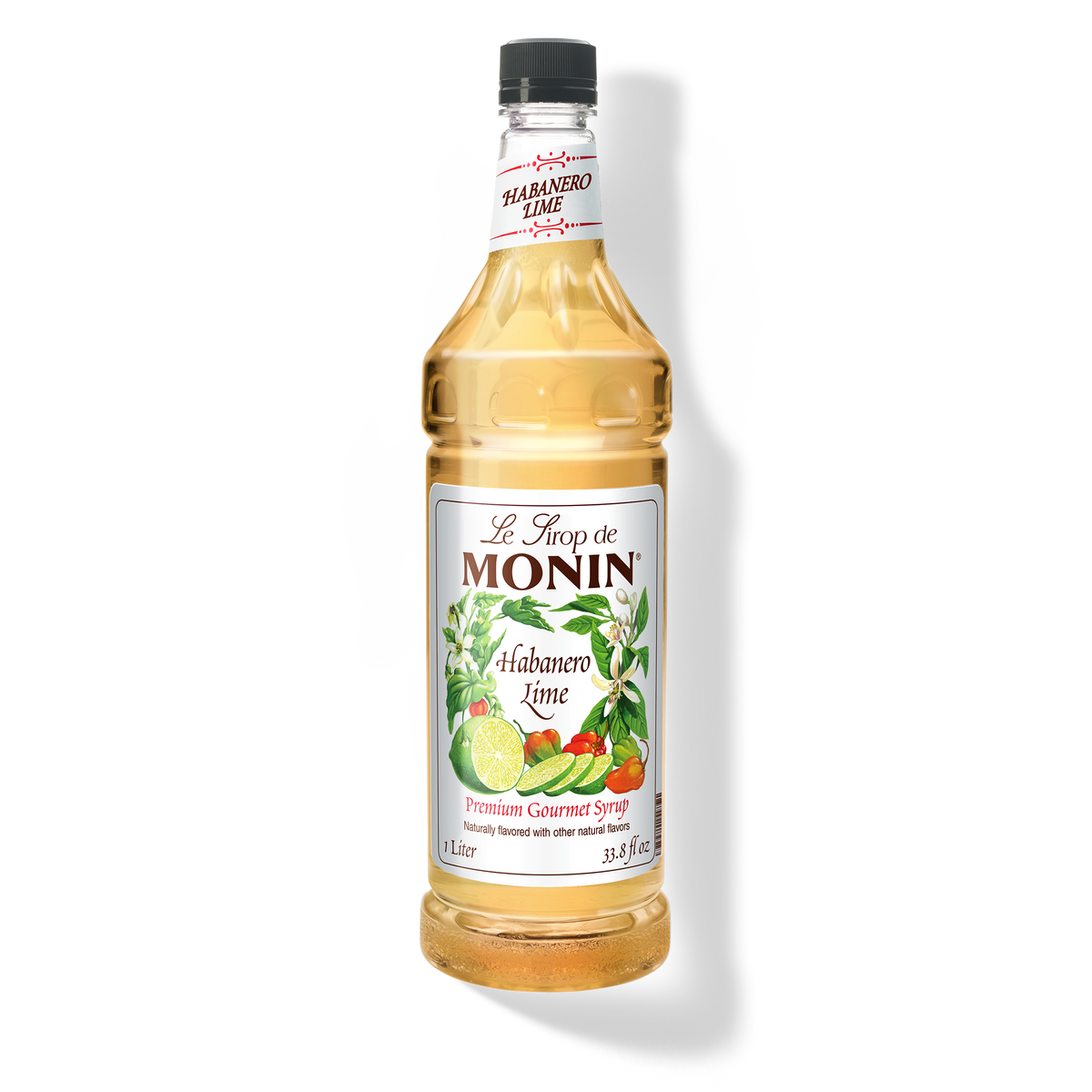 A 1L bottle of Monin Habanero Lime Syrup with a label showing the brand name and the flavor, placed against a white background.
