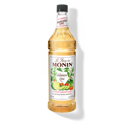 A 1L bottle of Monin Habanero Lime Syrup with a label showing the brand name and the flavor, placed against a white background.