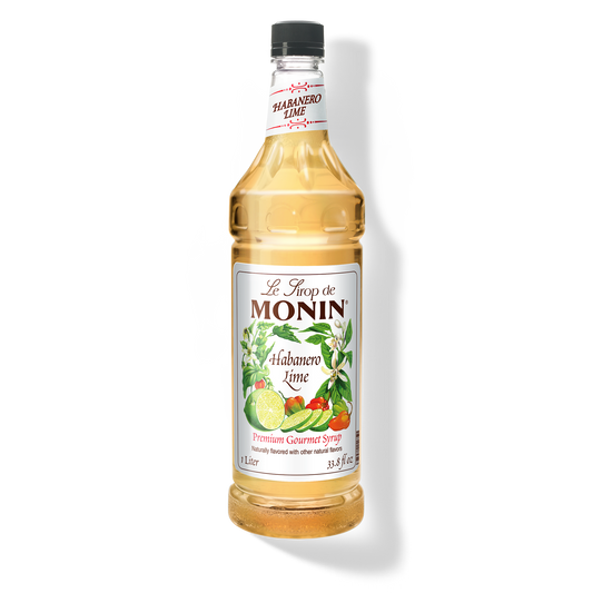 A 1L bottle of Monin Habanero Lime Syrup with a label showing the brand name and the flavor, placed against a white background.