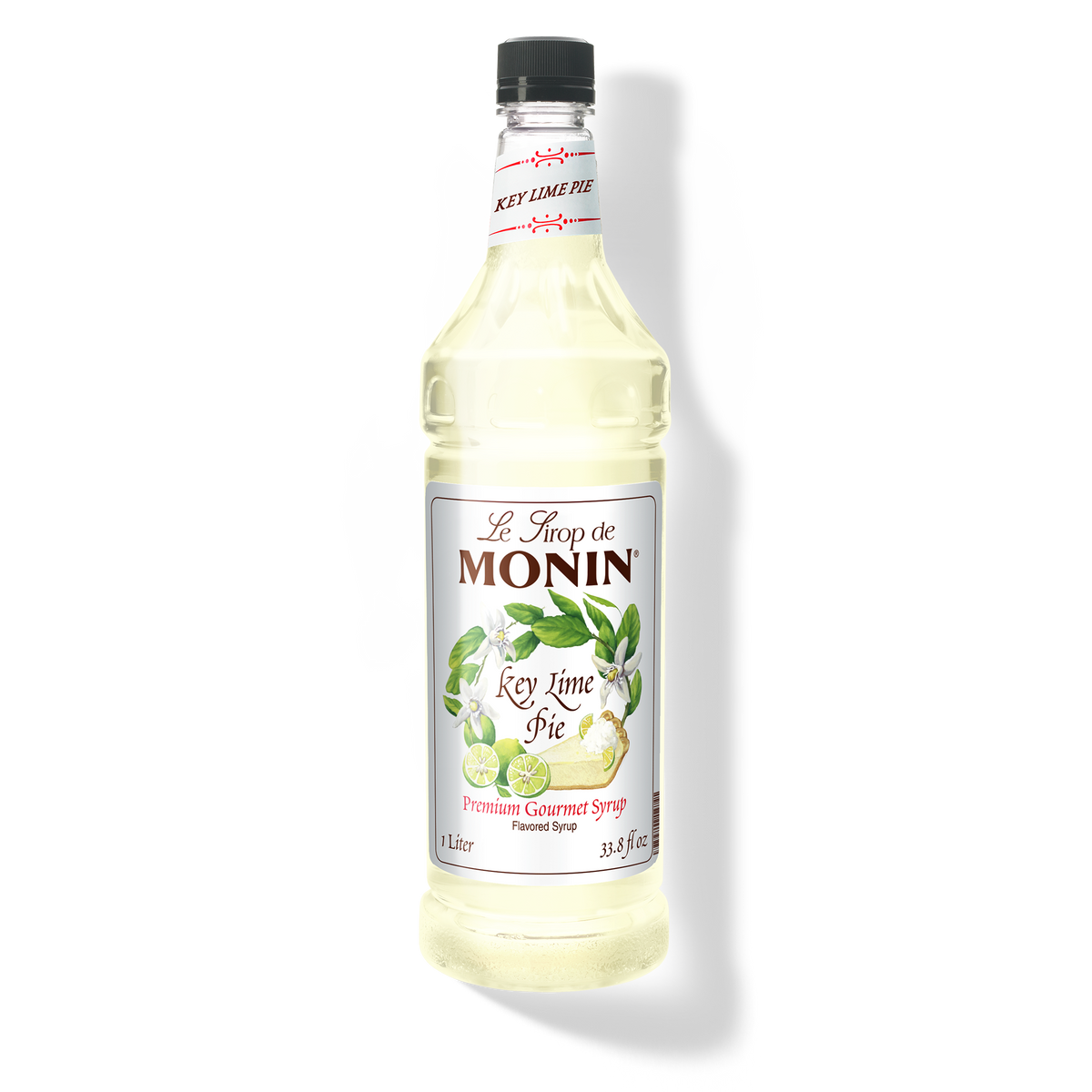 A bottle of Monin Key Lime Pie Syrup with a label showing the brand name and the flavor, placed against a white background.
