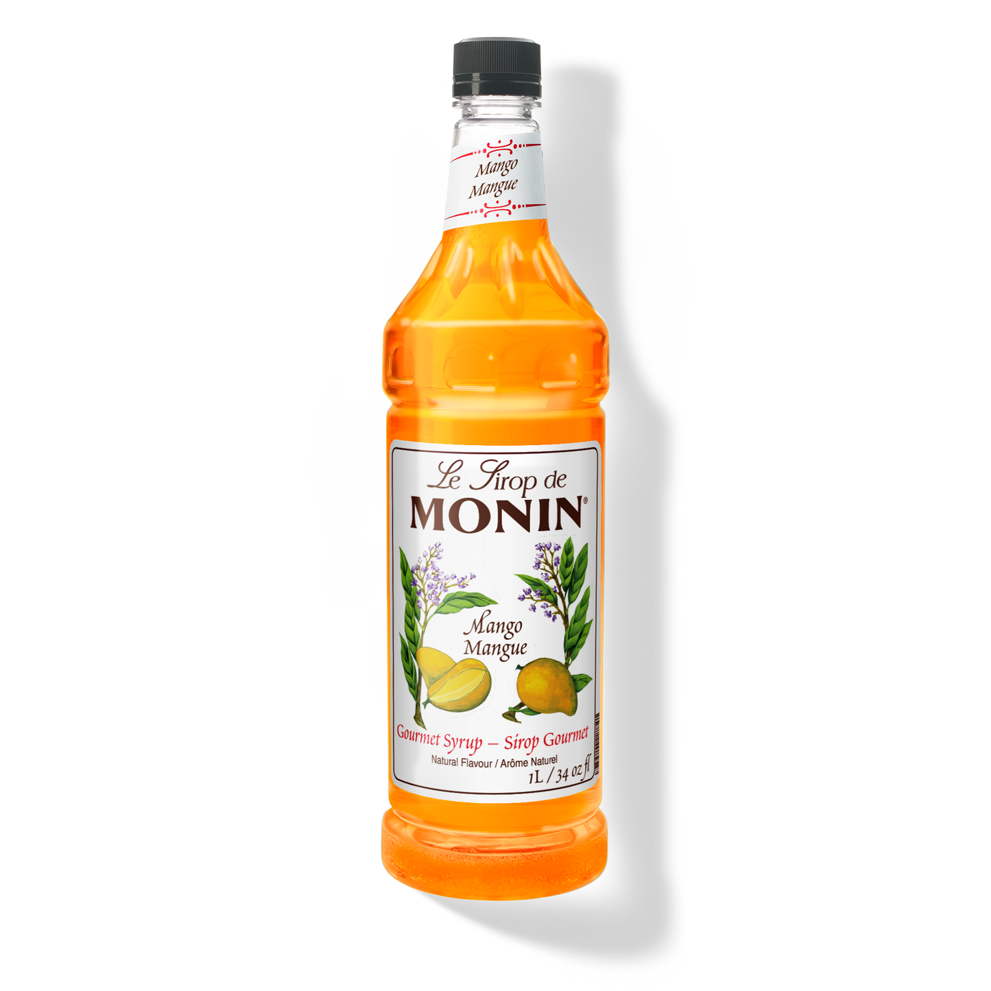 A bottle of Monin Mango Syrup with a label showing the brand name and the flavor, placed against a white background.