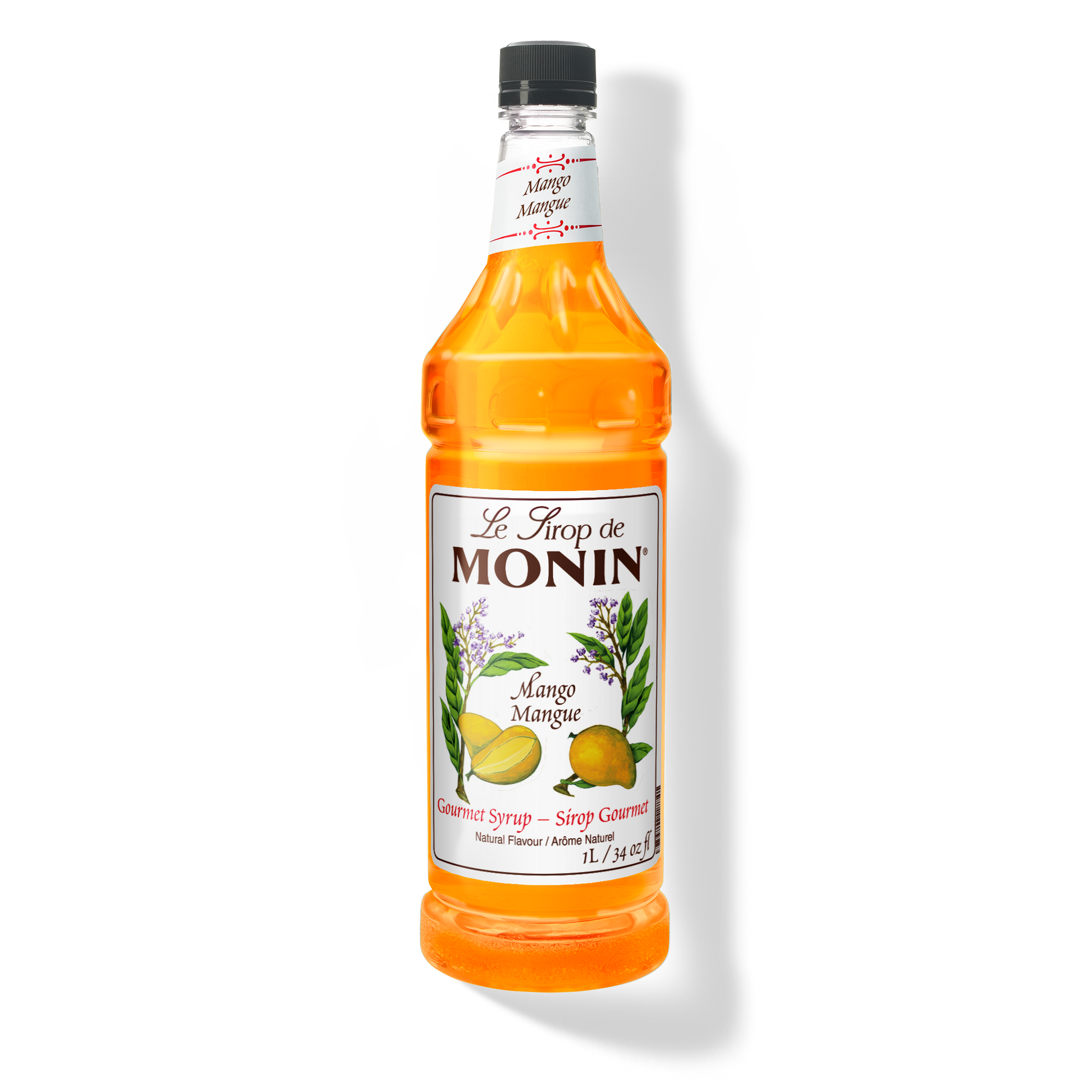 A bottle of Monin Mango Syrup with a label showing the brand name and the flavor, placed against a white background.