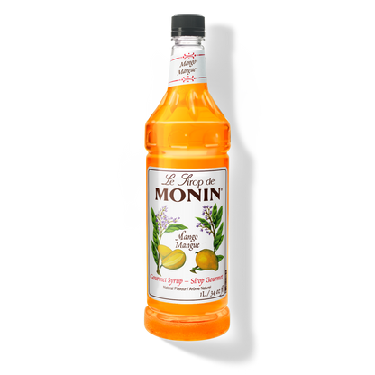 A bottle of Monin Mango Syrup with a label showing the brand name and the flavor, placed against a white background.