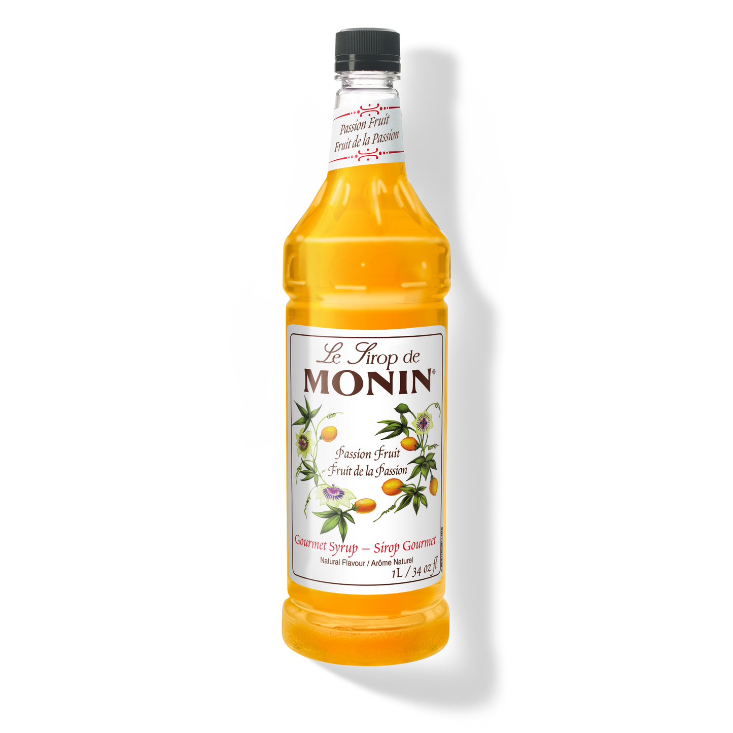 A bottle of Monin Passion Fruit Syrup with a label showing the brand name and the flavor, placed against a white background.
