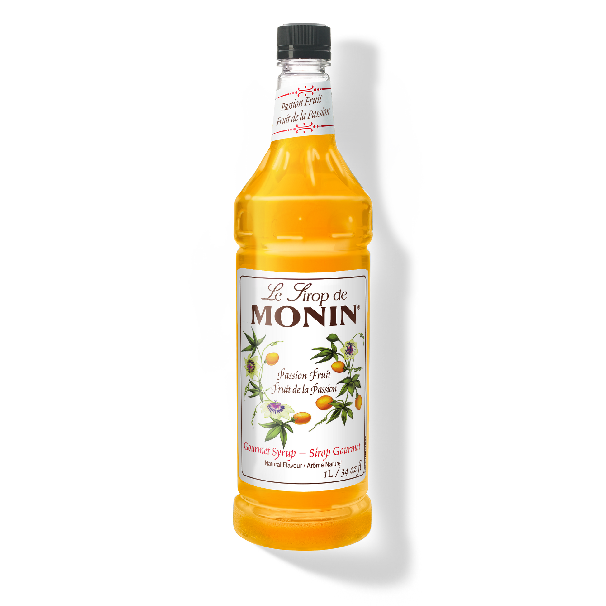 A bottle of Monin Passion Fruit Syrup with a label showing the brand name and the flavor, placed against a white background.
