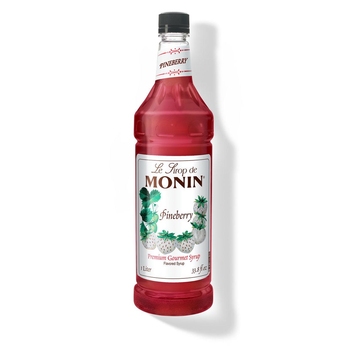 A bottle of Monin Pineberry Syrup with a label showing the brand name and the flavor, placed against a white background.