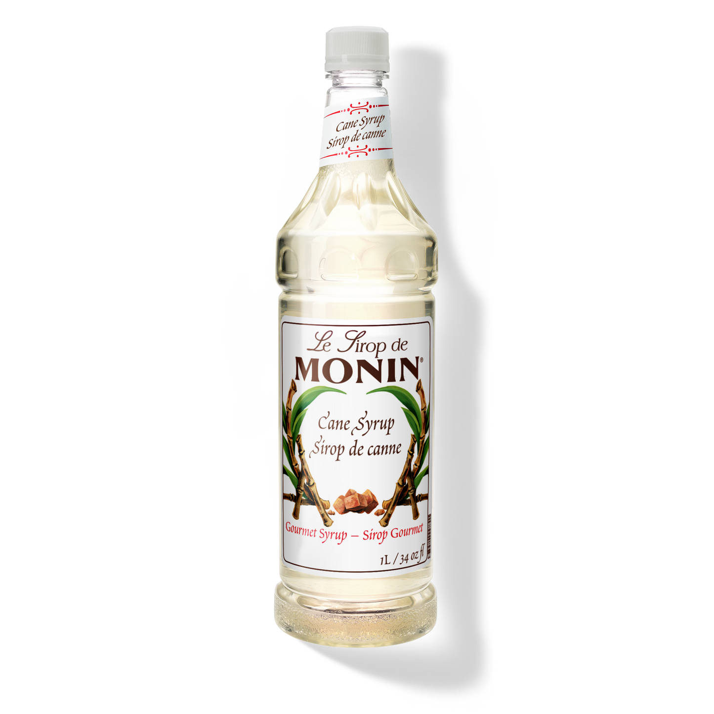A 1L-bottle of Monin Pure Cane Sugar Syrup with a label showing the brand name and the flavor, placed against a white background.
