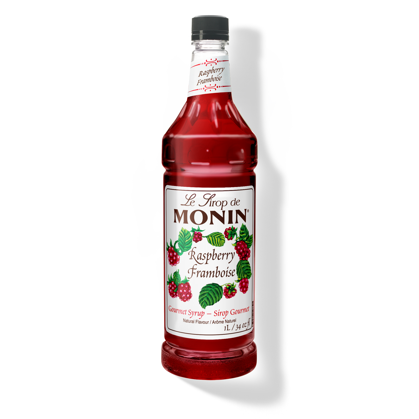 A 1L-bottle of Monin Raspberry Syrup with a label showing the brand name and the flavor, placed against a white background.
