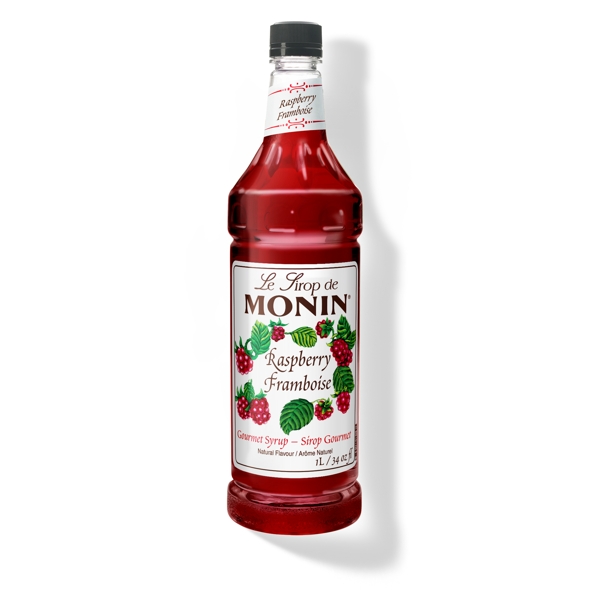 A 1L-bottle of Monin Raspberry Syrup with a label showing the brand name and the flavor, placed against a white background.
