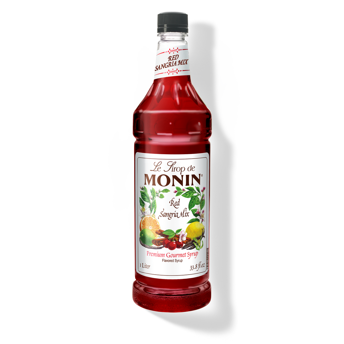 A bottle of Monin Red Sandria Mix Syrup with a label showing the brand name and the flavor, placed against a white background.

