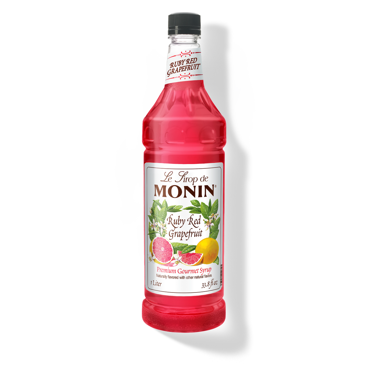 Monin Ruby Red Grapefruit Syrup 1 L bottle with bright pink grapefruit syrup