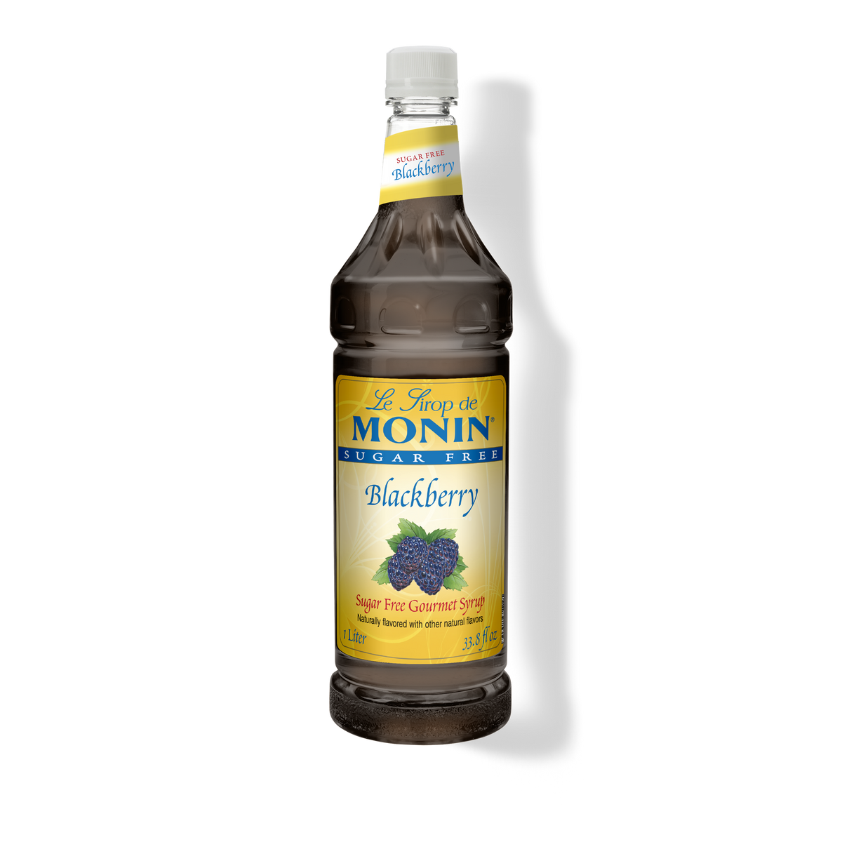 A bottle of Monin Sugar Free Blackberry Syrup with a label showing blackberries and the text 'Blackberry' on it.