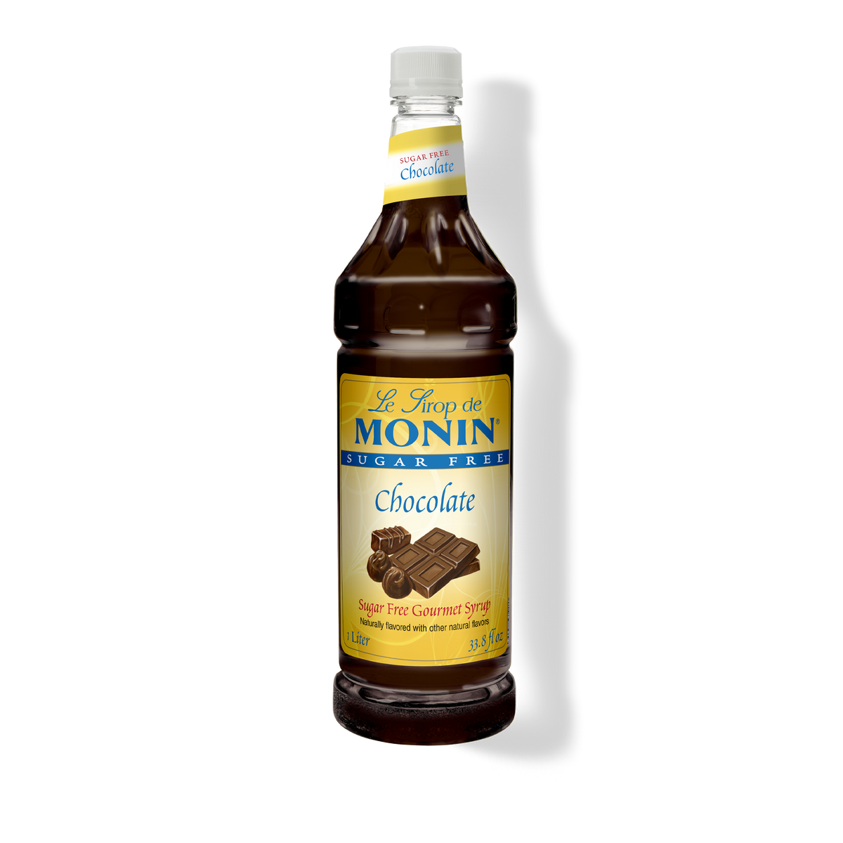 A bottle of Monin Sugar Free Chocolate Syrup, with a label showing the brand name and the product name, placed against a plain background.