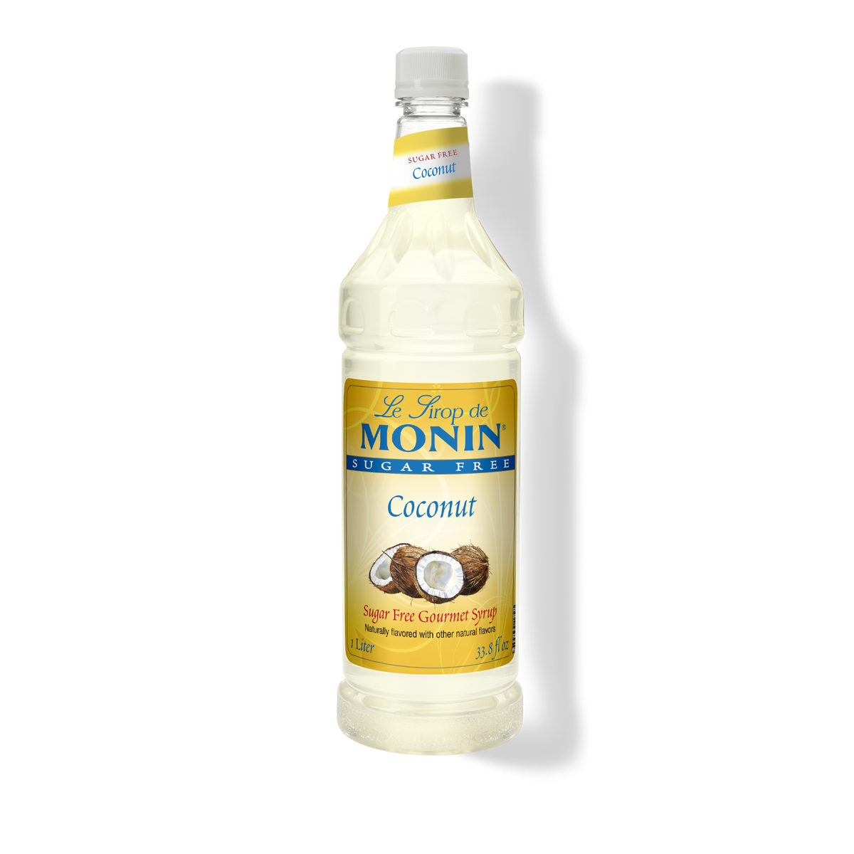 1L Bottle of Monin Sugar Free Coconut Syrup on a white background