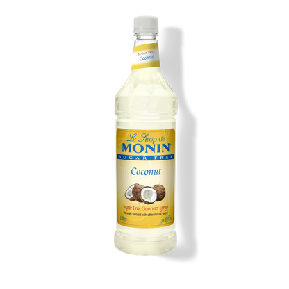1L Bottle of Monin Sugar Free Coconut Syrup on a white background