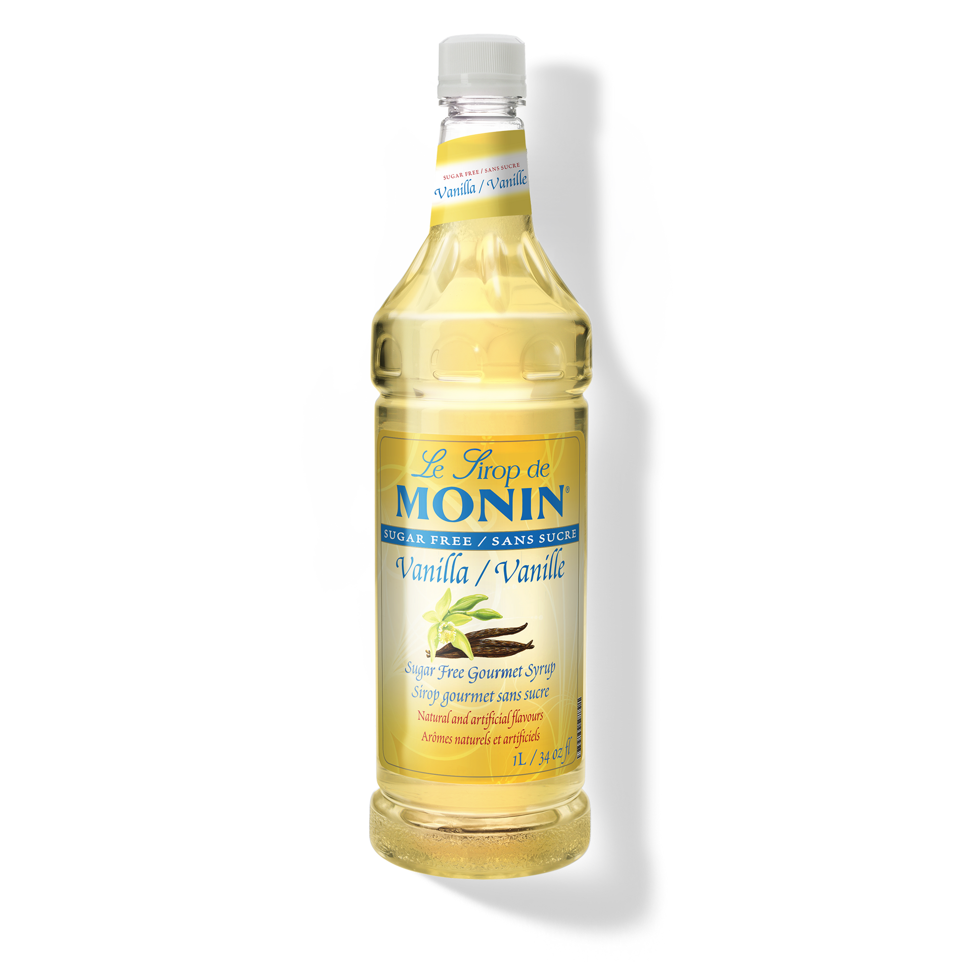 A bottle of Monin Sugar Free Vanilla Syrup with a label showing the brand name and the flavor, placed against a white background.