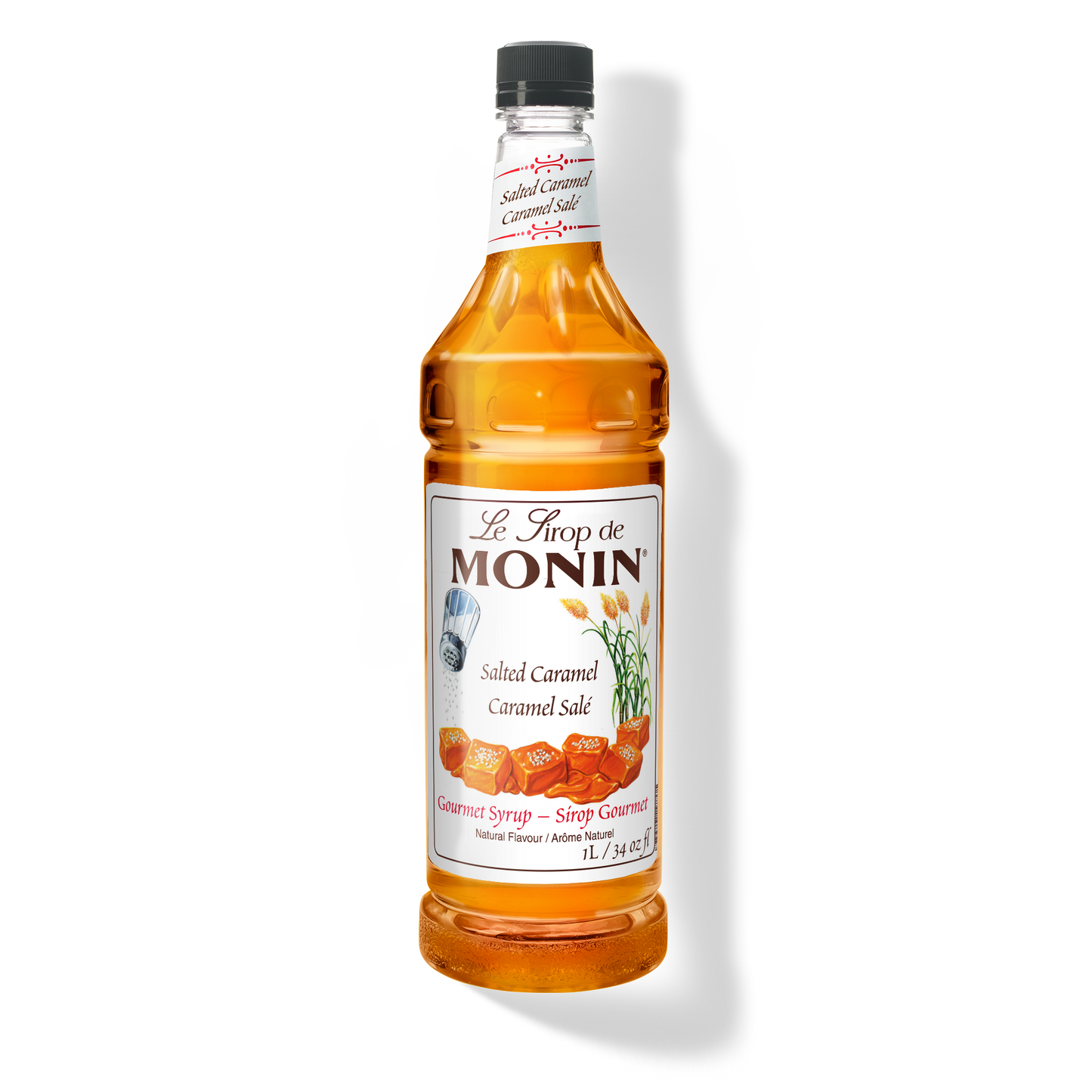 A 1L-bottle of Monin Salted Caramel Syrup with a label showing the brand name and the flavor, placed against a white background.
