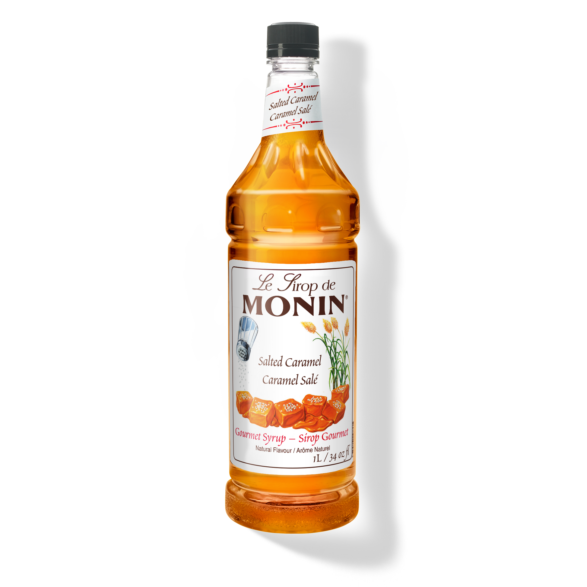 A 1L-bottle of Monin Salted Caramel Syrup with a label showing the brand name and the flavor, placed against a white background.