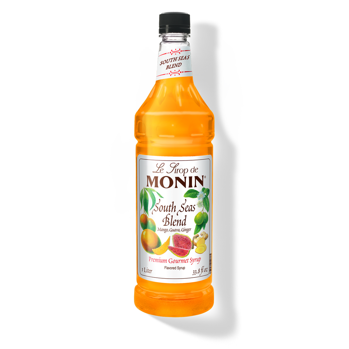 A bottle of Monin South Seas Blend Syrup with a label showing the brand name and the flavor, placed against a white background.
