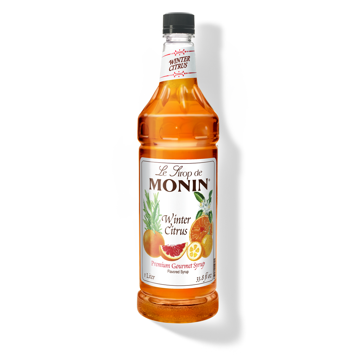 A bottle of Monin Winter Citrus Syrup with a label showing the brand name and the flavor, placed against a white background.