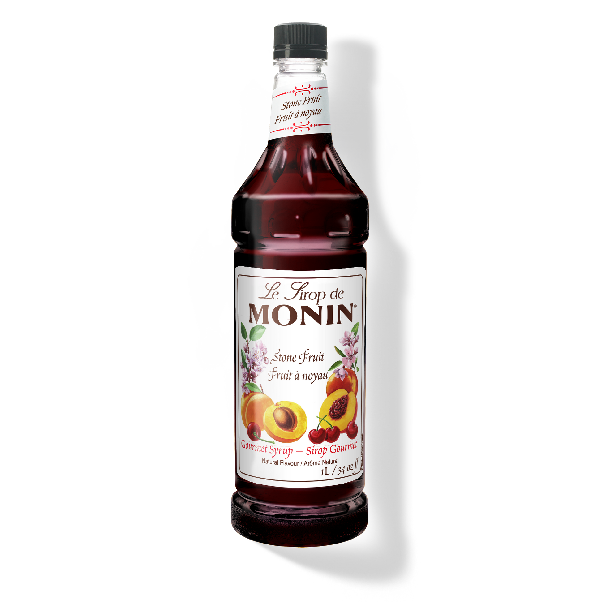 A 1L-bottle of Monin Stone Fruit Syrup with a label showing the brand name and the flavor, placed against a white background.